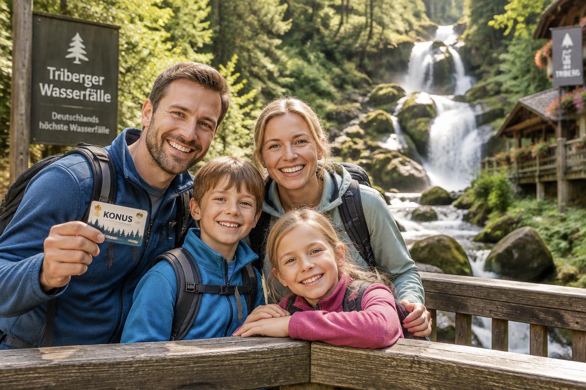 Family with KONUS guest card in front of the Triberg waterfalls in the Black Forest