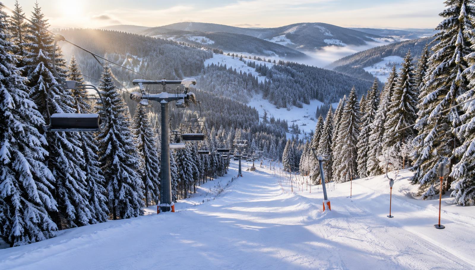 Skilift an einem verschneiten Schwarzwaldhang bei Triberg (KI-generierte Illustration)